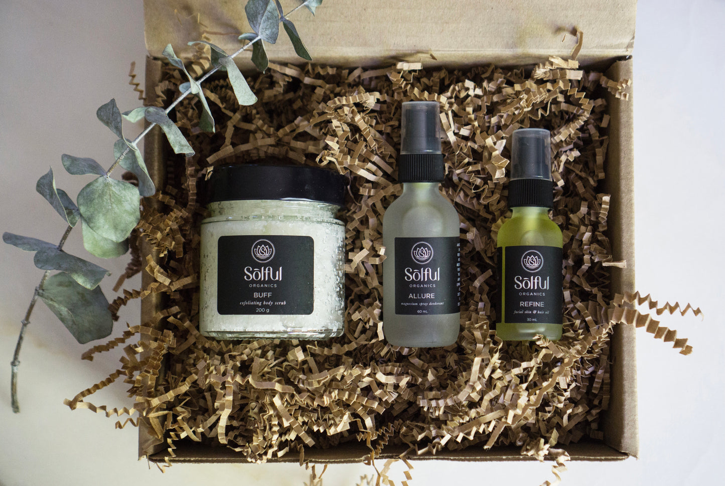 Solful Organics Box Set - The Triple Treatment Set - includes Buff Scrub, allure and refine