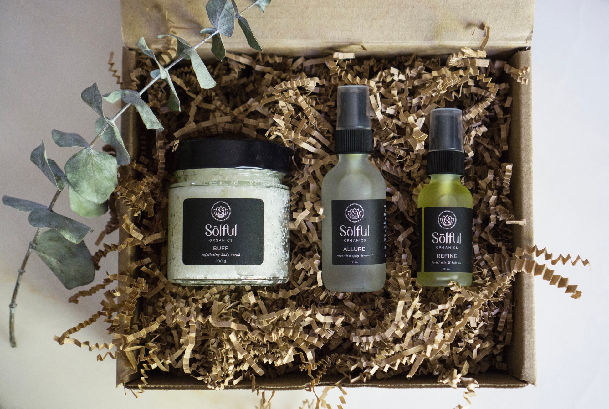 Solful Organics Box Set - The Triple Treatment Set - includes Buff Scrub, allure and refine