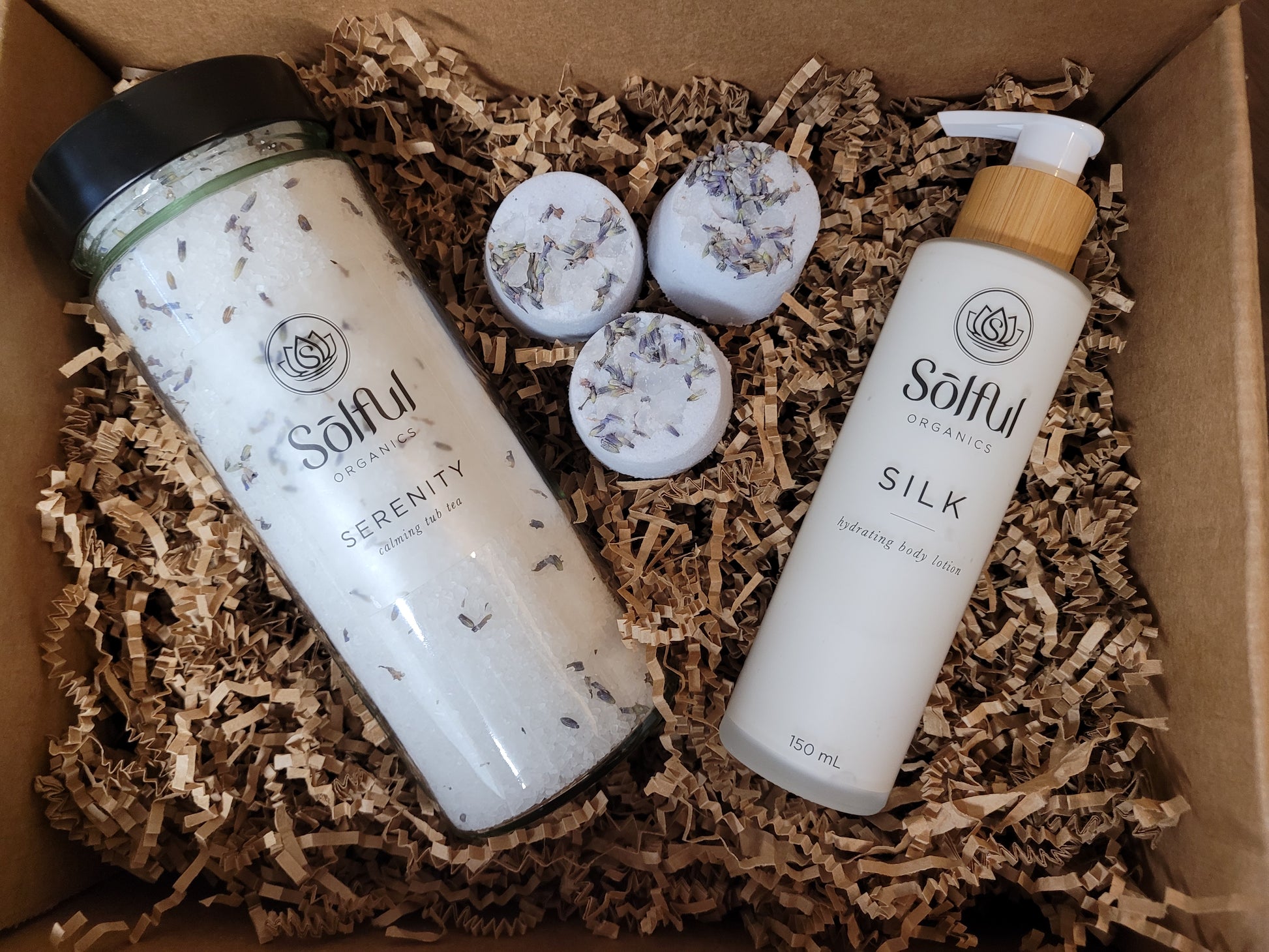 Solful Organics Box Set - The Silk + Serenity Box - includes serenity tub tea, 3 serenity bath bursts and silk