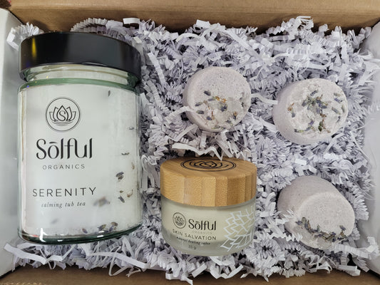 Solful Organics Box Set - The Serenity Box - includes small serenity tub tea, 3 serenity bath bursts and skin salvation