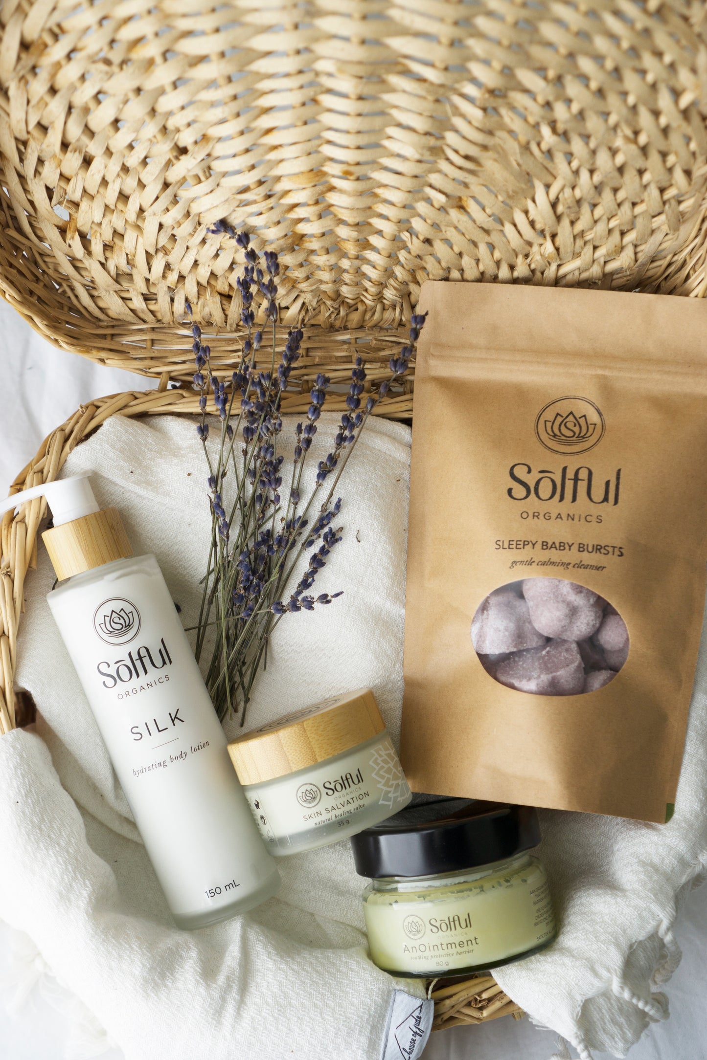 Solful organics ultimate baby set incudes silk, anointment, skin salvation and sleepy baby bursts.